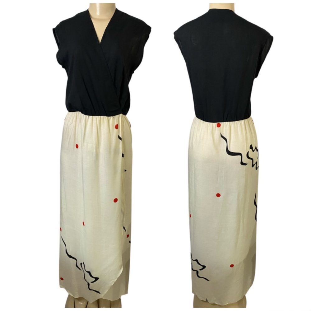 VINTAGE 80s VIRGINIA MELVIN Sportswear Arty Abstract Print Wrap Dress Linen S/M